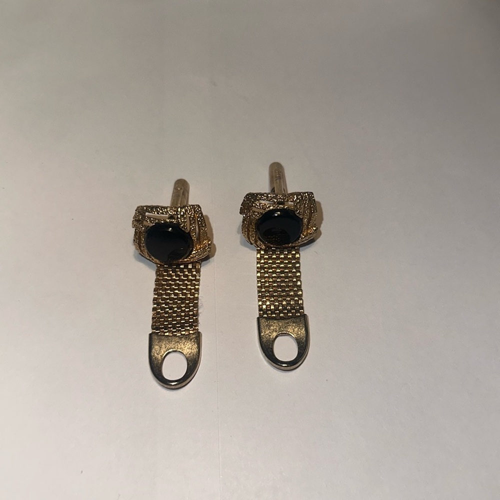 Bill Blass black enamel cufflinks and tuxedo studs; gold tone; round. Clean.
